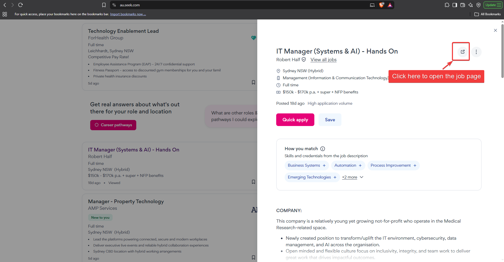 Seek search results with the job preview panel open. A red arrow points to the open-in-new icon in the top right of the preview, labelled to click here to open the job page.