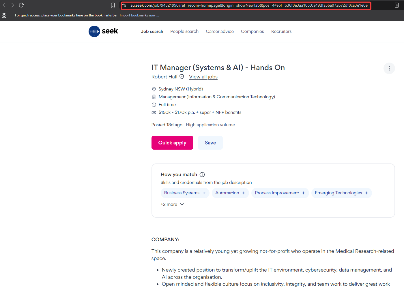 The full Seek job advertisement page. The browser address bar is highlighted in red, showing a link of the form au.seek.com/job/94321990 followed by tracking parameters.